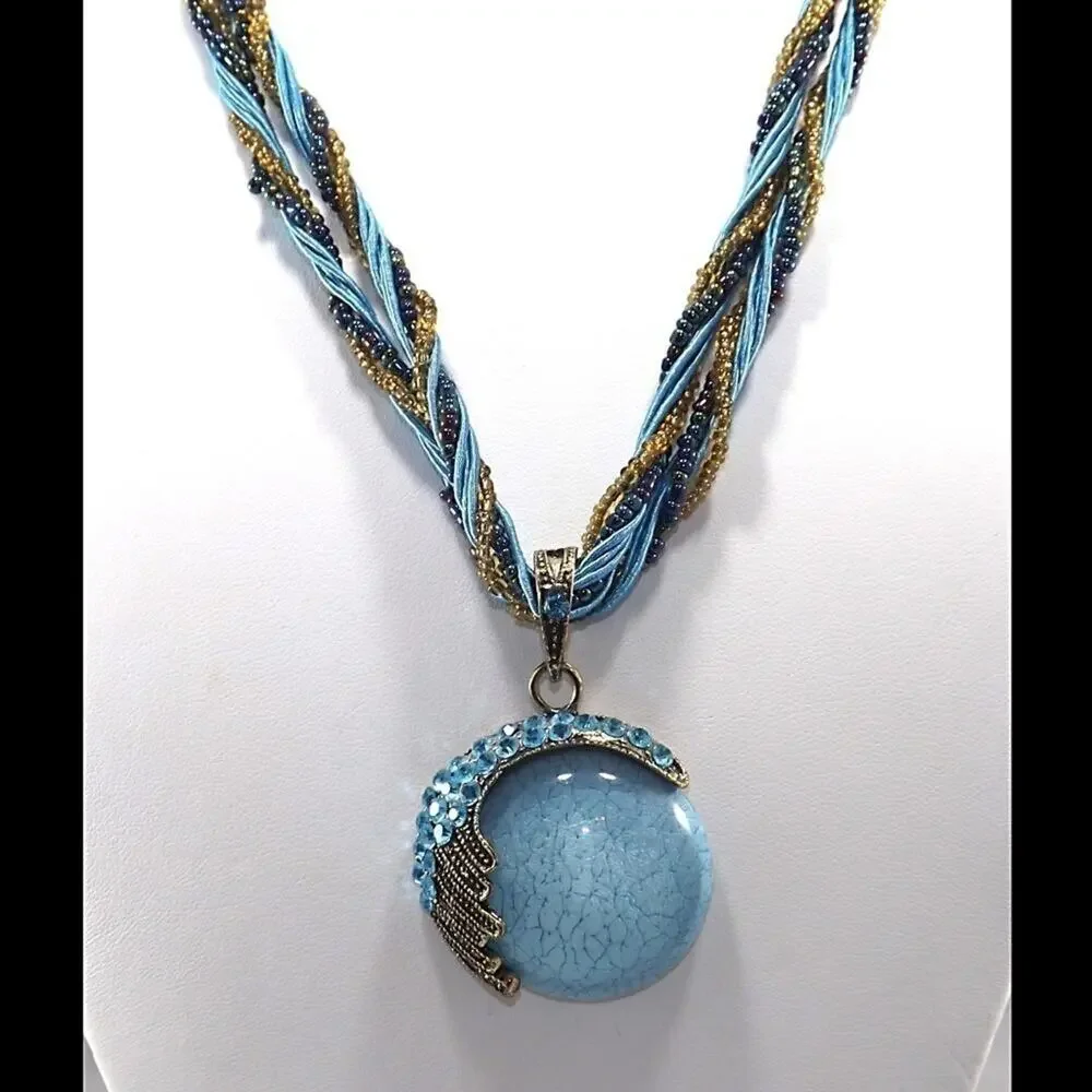 Blue Rhinestone Lucite Pendant Seed Bead Necklace, 19 Inches